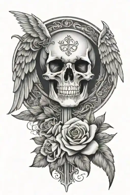 Angel Wings And Halo Cross Skull Roses Intertwined