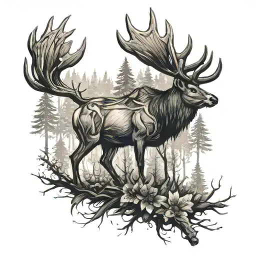 Caribou In Forest Tattoo Designs Intertwined