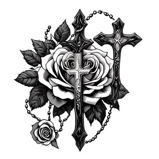 Croos With A Rosary With Roses In The Background