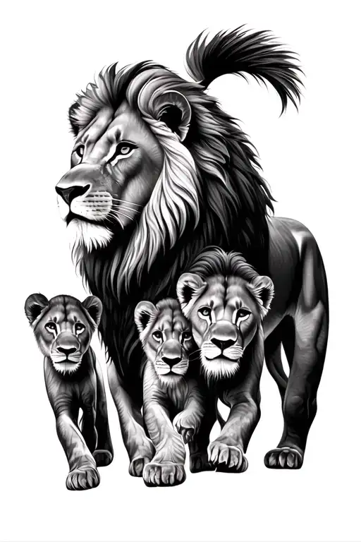 Male Lion Three Cubs Walking