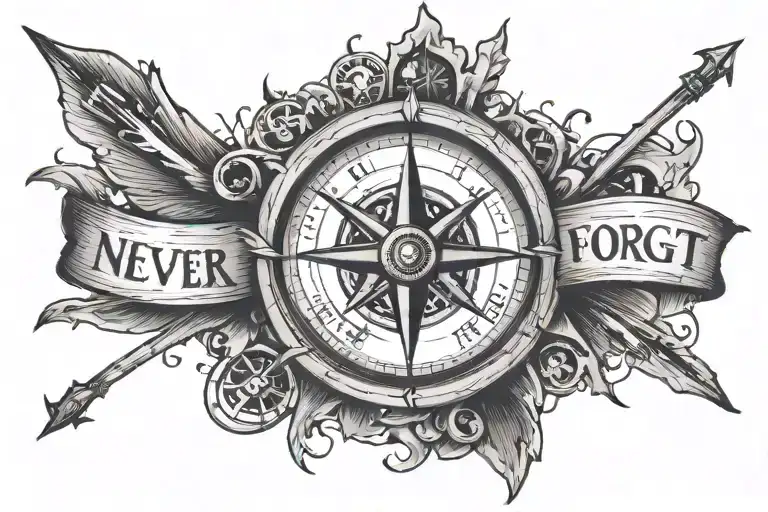 Clock With Hands Facing Pointing To 1 Saying Never Forget With A Compass Rose