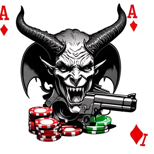 Devil With Ace Cards Gun Poker Chips Money Luck