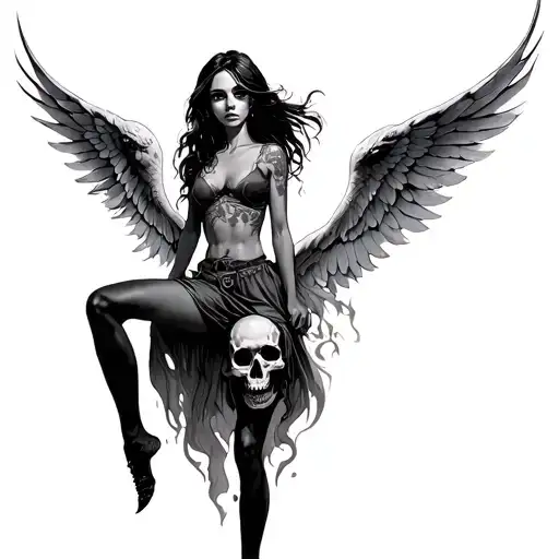 Hot Girl Overcoming Skulls And Pegasus Wings Tattoo