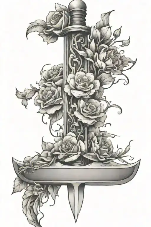 Sword Breaking At Bottom With February And May Flowers Wrapped