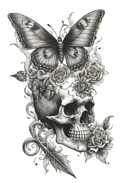 Skull And Butterfly Emerging Victoriously From The Ashes And Knife