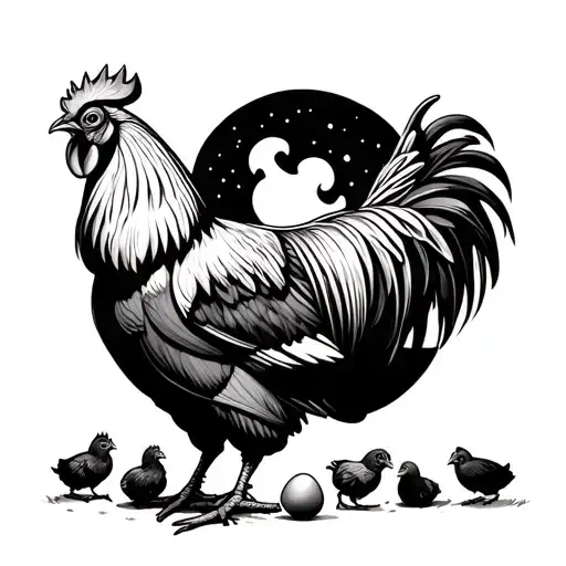 Adult Rooster Crowing At Moon With Three Young Roosters Six Baby Chickens And Two Eggs