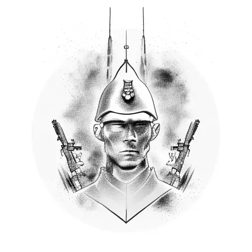 Single Line Of Soldier Silhouettes Marching To Heavens Gates And The Eternal Flame