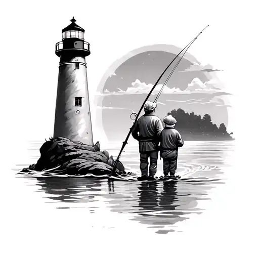 Fishing Memorial Lighthouse Grandpa And Grandson