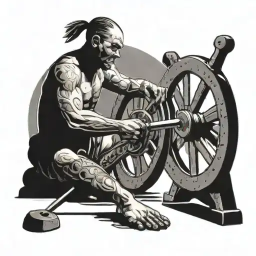 Man Sitting At Grind Stone Wheel Sharpening A Sword