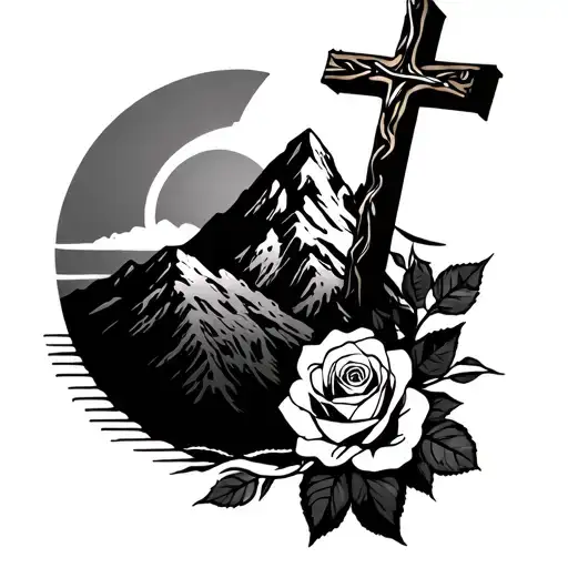 Sun Rising Over A Mountain With A Cross And Two Roses With A Crown Of Thorns