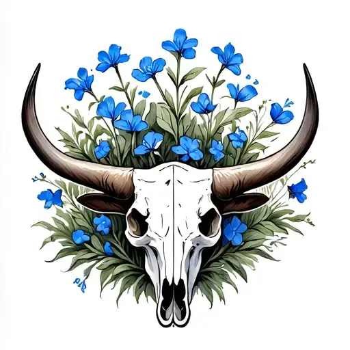 Longhorn Skull With Blue Bonnets Growing In And Around It