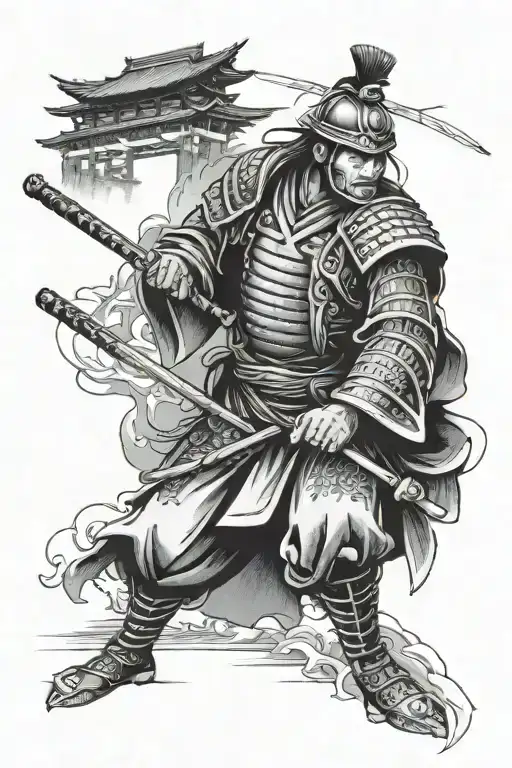 Samurai With Temple In Background