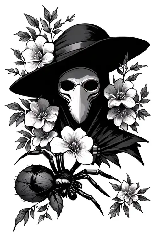 Plague Doctor With Spider Lili Flowers Surrounded