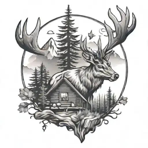 Deer With Mountains And Woods Surrounded With A Log Cabin And Campfire In The Background