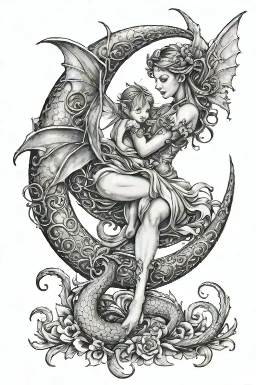 Fairy With A Baby Dragon Sitting On Crescent Moon Reaching Out