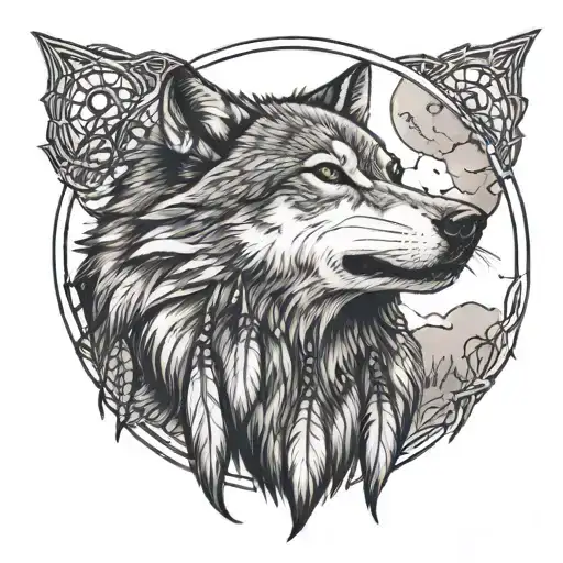 Wolf Howling At The Moon With Dream Catcher Inside A Paw Print