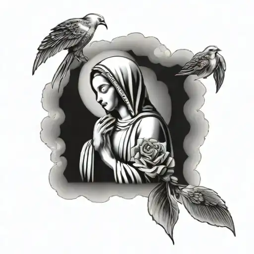 Virgin Mary Holding Rosary With Doves In Clouds And A Rose