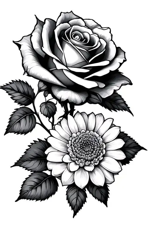Prominent Rose With Accent Chrysanthemums With Dotilism And Mandala Features