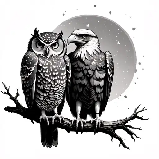 Owl And Eagle Perched On A Tree Branch