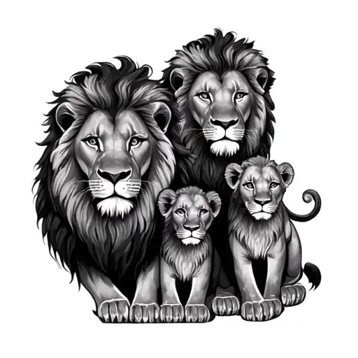 Male Lion 3 Cubs And Cross Tattoo Design