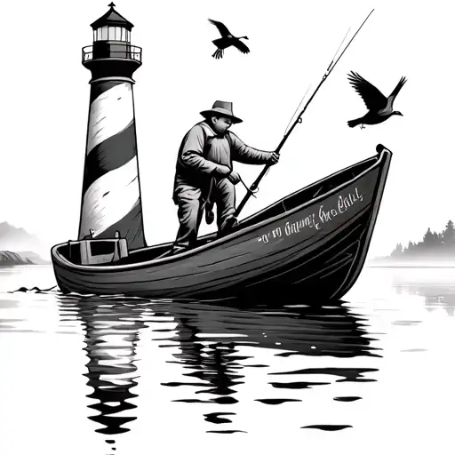 Fishing Memorial Lighthouse Grandpa And Grandson In Boat With Birds