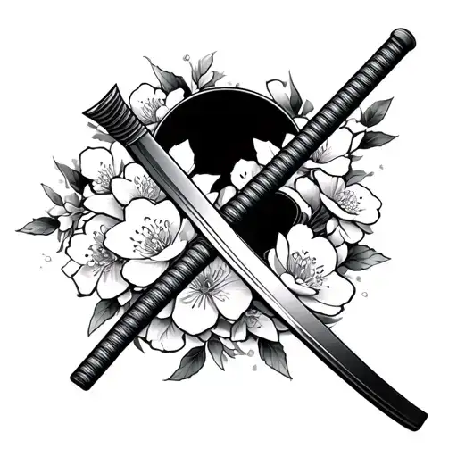 Katana With Sakura Flower Surrounding The Sword