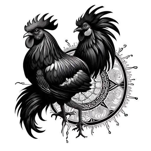 Black Rooster Surrounded By A Dharma Wheel