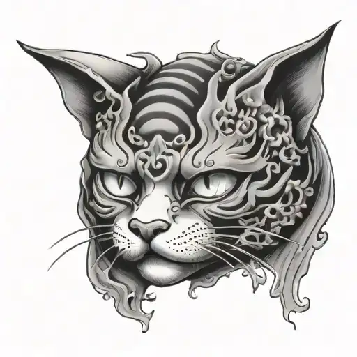 Cute Cat Wearing Broken Hannya Mask Split In Half