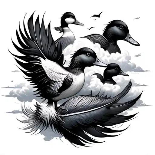 A Duck Feather With Clouds Around The Feather With Ducks In The Clouds
