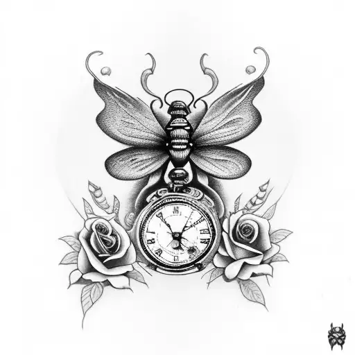 Death Moth With Roses And Pocket Watch