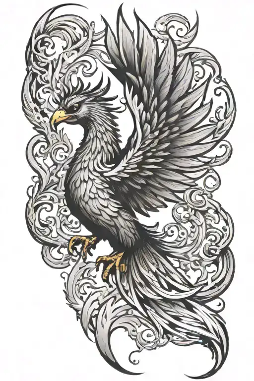 Peaceful Flying Phoenix With Wings Open And Flames