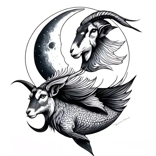 Zodiac Pisces And Goat With Moon