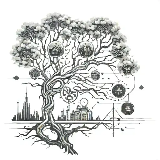 A Futuristic Tech-inspired Tattoo Featuring A Family Tree Design With Circuit Patterns