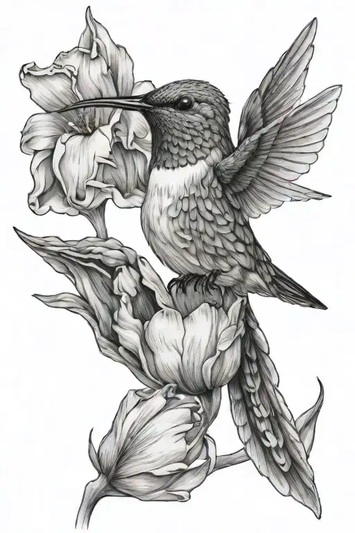 Draw A Hummingbird With Its Beak In A Half-closed Tulip With A Pistile