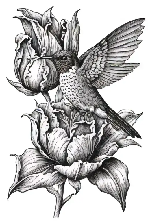 Draw A Hummingbird Pecking At A Half-closed Red Tulip With A Pistile