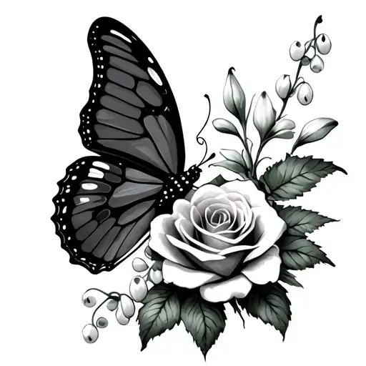A Butterfly With A Rose And A Lily Of The Valley