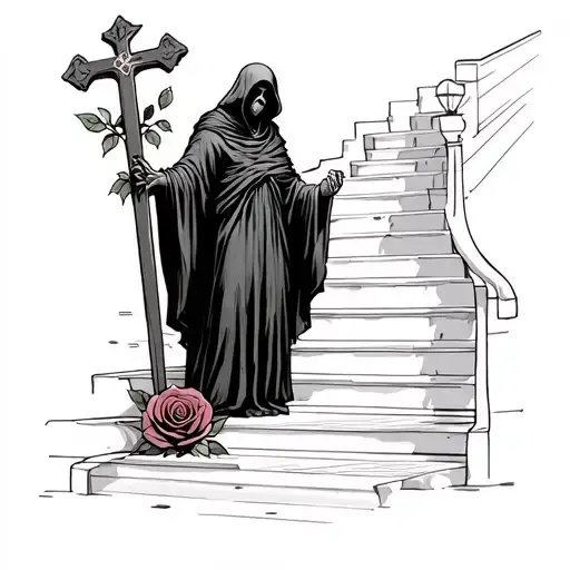 Stairway With Grim Reaper Standing And Rose And Cross
