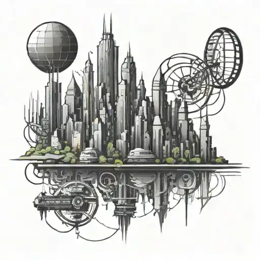 A Unique Black-grey Tattoo Featuring A Futuristic Y2k Cityscape With A Touch Of Minimalist Aesthetic