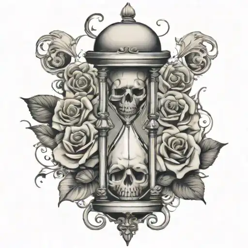 Hourglass With Hearts Skulls Black Roses Intertwined
