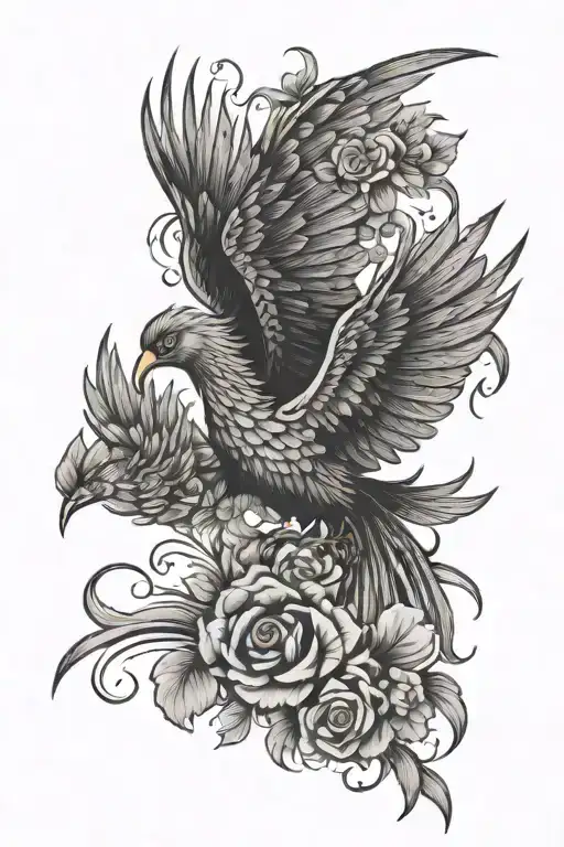 Red And Black Peaceful Flying Phoenix With Spread Wings And Flowers