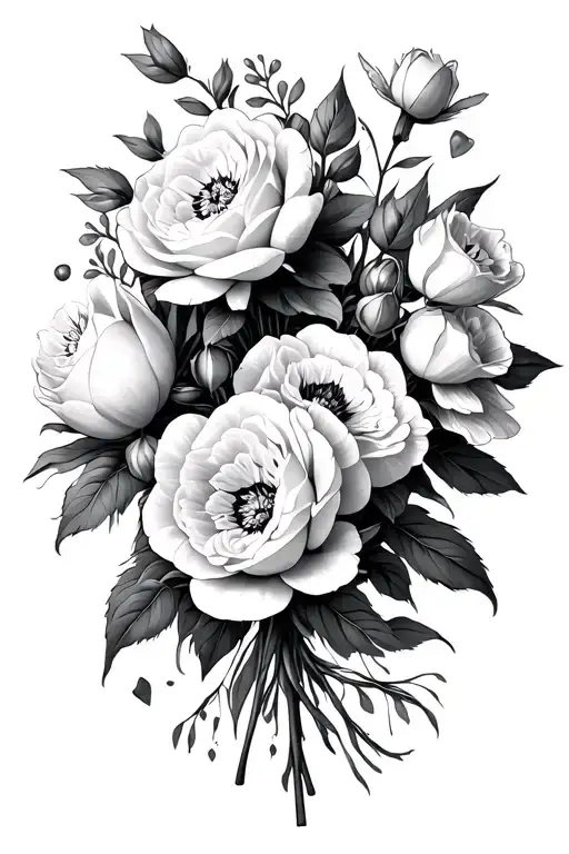 Bouquet Of Rose And Peony And Narcissus Flowers With More Negative Space And Diagonal Placement