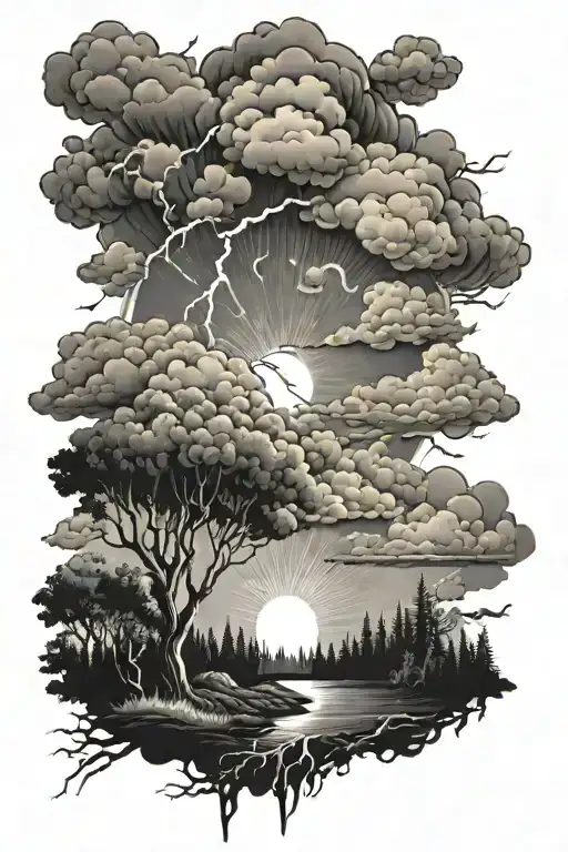 Clouds With Lightning And Sunrays Lush Forest