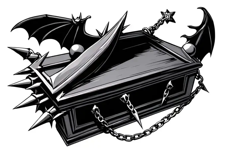 Coffin With And Ball And Chain Weapon With Spikes And Bat Flying