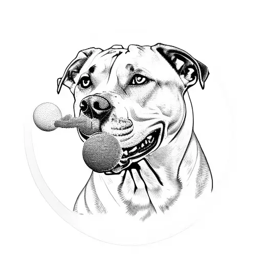 Black And White Pitbull With A Tennis Ball In Its Mouth Tilting Its Head