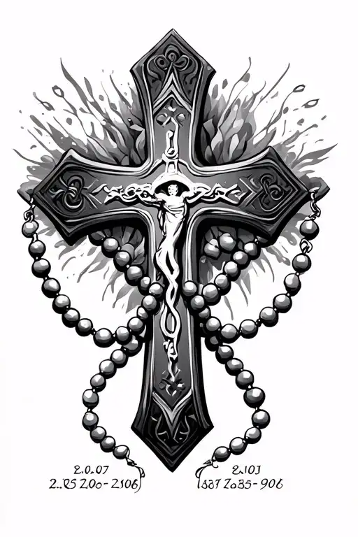 Cross With Prayer Beads Intertwined With Birth Dates In The Tips Of The Cross
