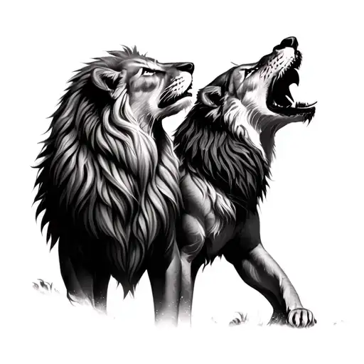 Two Lions And A Wolf Howling