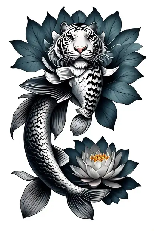 Japanese Koi Fish With Lotus And Tiger