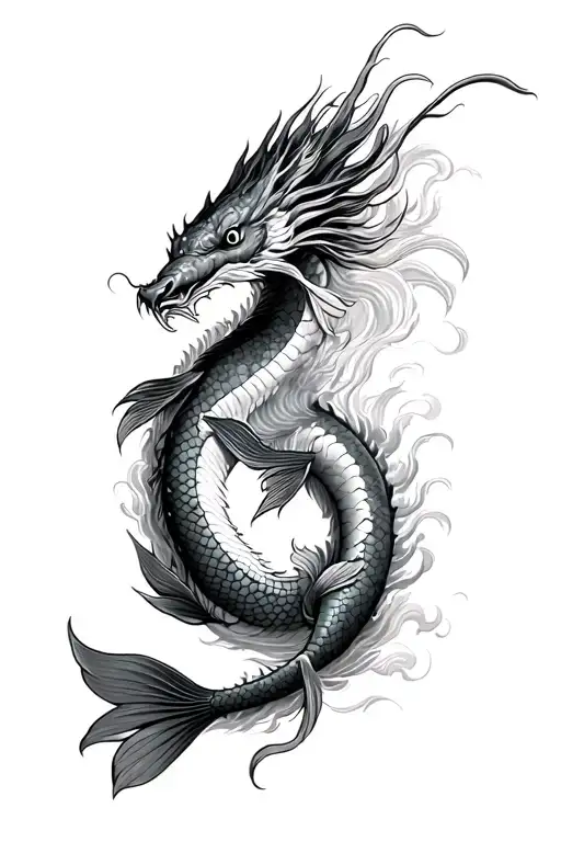 Chinese Fish Going Up A River To Transform Into A Japanese Dragon In The Clouds