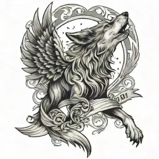 Wolf Howling At Moon With Cross A Heart With Wings And Banner Saying Mother