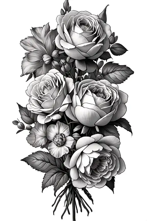 Bouquet Of Rose And Peony And Narcissus Flowers With More Negative Space